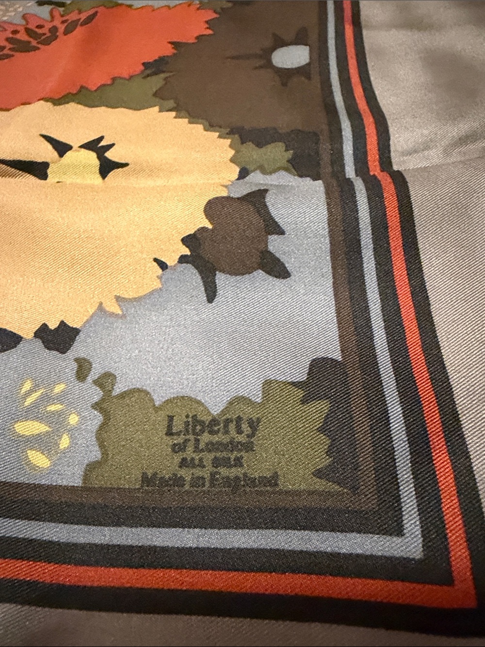 Vintage Liberty of London Floral Silk Scarf in Gray, Yellow, Orange, Blue,Brown - Picture 2 of 7